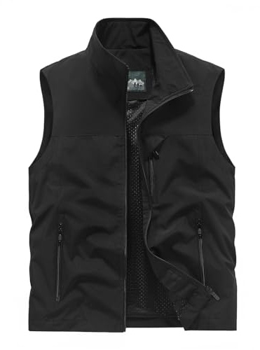 Sukany Men's Casual Fishing Safari Utility Vest Lightweight Quick Dry Cargo Military Gilets Sleeveless Photography Shooting Hunting Camping Waistcoat Outdoor Travel Jacket with Pockets Black L