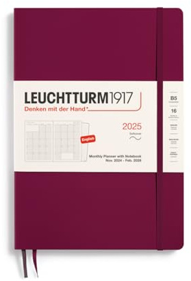 LEUCHTTURM1917 370708 månadsplanerare och anteckningsbok 2025, komposition B5 mjukt fodral – 16 månader, linjerad – port red, engelsk