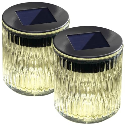 Lunartec Solar Beleuchtung: 2er-Set Solar-LED-Windlicht aus Echtglas mit tollem Lichtmuster, IP44 (Windlichter Gläser, Tischlaternen, Kugel)