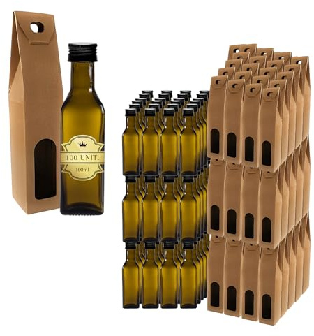 100 mini botellas de cristal oscuro de 100 ml con tapón de rosca negro + 100 cajas – botellas pequeñas para aceite de oliva, vinagre, alcohol – frasco para muestras