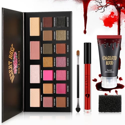 Afflano Vampir Prellung Makeup Kit, Halloween Makeup Palette Goth Nude Smoky Lidschatten Palette + Kunstblut 30ml + Dunkel Roter Lippenstift, Gothic Skelett Prinzessin Zombie Bruise Schminke, 5 Kit