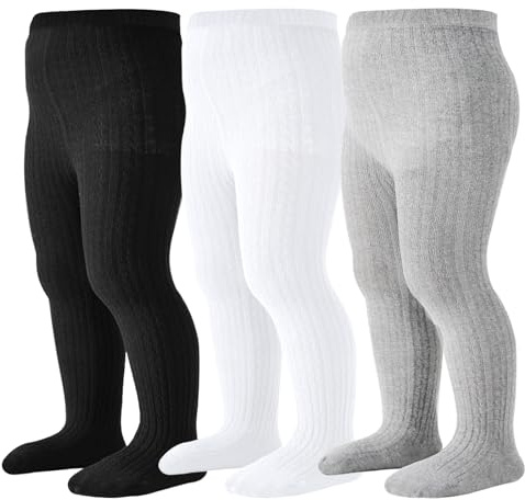 Mini angel Baby Tights 6-12 Months Toddler Cable Knit Tights Cotton Warm Leggings Pantyhose Soft Stockings 3 Pack (Black,White,Grey, S)