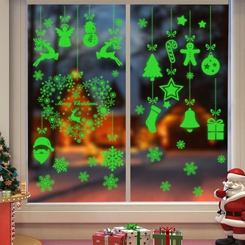 2 Feuilles Noël Autocollants Fenetre Fluorescent Decoration Noel Stickers Noel Fenetre PVC Lumineux Stickers Muraux de Noël pour vitres vitrines (A)