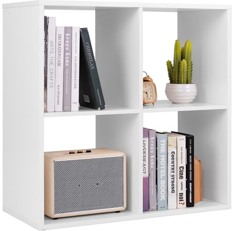 COSTWAY 4 Cube Bookcase, Wooden Bookshelf Open Display Shelving Unit with Anti-Tipping Device, Open-back Storage Cabinet Record Player Stand Organizer (White, 70 x 33 x 70cm)