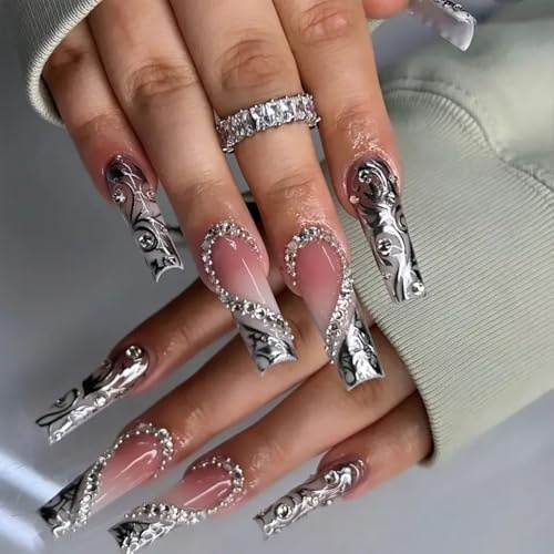 Calkkrer 24 Stück Press On Nails Lange Quadratische Falsche Nägel, Silberne French Falsche Nagelspitzen Mit Strass Design, Nägel Zum Aufkleben, 3D Herz Künstliche Nägel
