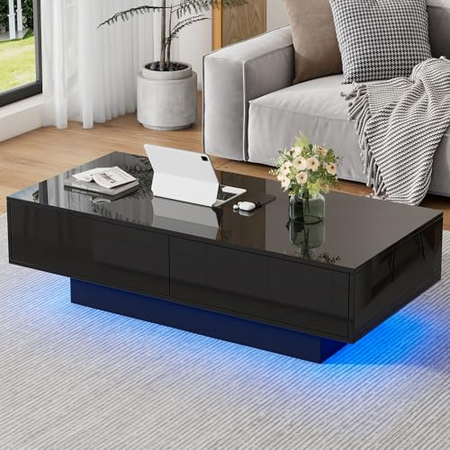 Merax Couchtisch Schwarz Hochglanz, Wohnzimmertisch mit LED Beleuchtung, Kaffeetisch mit 2 Schubladen, Moderner Sofatisch Beistelltisch Teetisch, Eleganter Mitteltisch Rechteckiger, für Wohnzimmer