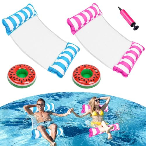 MOSTFUN 2 Pack Inflatable Pool Floats, 4 IN 1 Pool Hammock Floats for Adults, Water Hammock Lounge Chair Air Mattress Pool Party with Manual Pump and Watermelon Coasters (Light Blue, Rose Red)