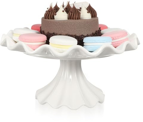 HOLIDYOYO Soporte para Tartas de Cerámica white Base Estable y Borde Ondulado, Pedestal Decorativo Adecuado para Exhibir Postres en Bodas y Celebraciones