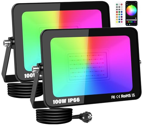 RIGIDON 2 x 100 W RGB Smart LED-spotlight, 10000LM Smart RGBW strålkastare projektor med APP-styrd, vattentät flerfärgat översvämningsljus inomhus och utomhus för trädgård scenfest
