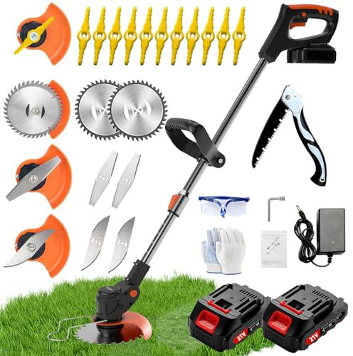 Hejunry Decespugliatore a Batteria, Decespugliatore Elettrico con 3 tipi di Lame, Tagliabordi a Batteria Con 2 Batterie da 21V 2000 mAh e Caricabatteria, Lunghezza Regolabile, Adatto per Giardino
