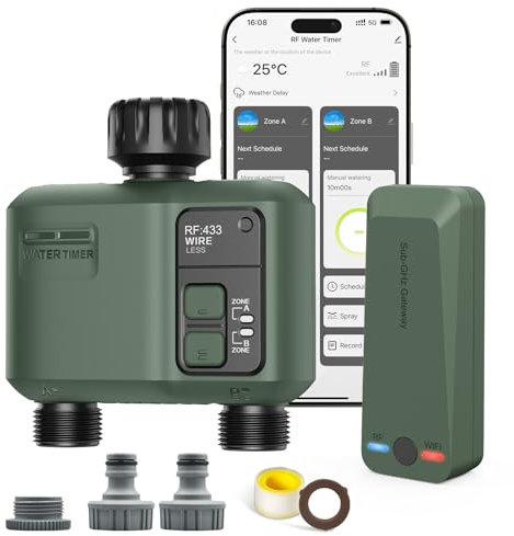 Shrivee Smart Bewässerungscomputer WLAN mit 2 Zonen Ausgängen und 5 Programme Bewässerungssystem mit Regenverzögerung/Automatische Bewässerung, Ideal für Gewächshaus & Garten