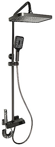 Sistema de ducha con termostato, 4 tipos de chorro, cabezal de ducha de altura regulable, montaje en pared, kit de ducha con cabezal de ducha con pantalla digital LED, juego completo