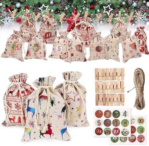 Calendario dell'Avvento fai da te per 24 giorni, sacchetti regalo glitterati per conto alla rovescia e decorazioni natalizie