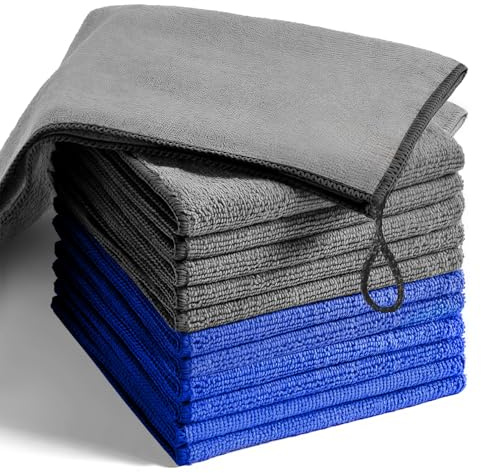 12 paños de microfibra, toalla de microfibra, paños de limpieza reutilizables para la limpieza diaria, lavado de cocina, artículos esenciales para el hogar (30 x 30 cm, 6 azules y 6 grises)