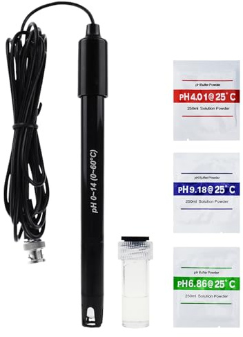 pH-Elektrode mit austauschbarer Messsonde – 300cm Kabel, 0-14 pH Messbereich, hohe Genauigkeit, BNC-Stecker & Kalibrierpulver – Ideal für pH-Meter, Labore, Hydroponik, Aquarien, Pool
