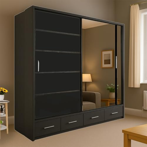Seattle Sliding Mirror Wardrobe with High Gloss Doors, LED Light, Drawers Shelves & Hanging Rails – Modern Bedroom Furniture – Grey, Black & White – 207cm / 255cm (Black, 208cm)