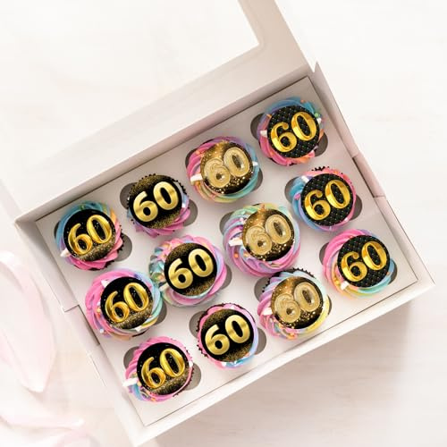 60th Black & Gold Happy Birthday Wafer Rice Paper Cupcake Topper Cake Decoration Pack of 24