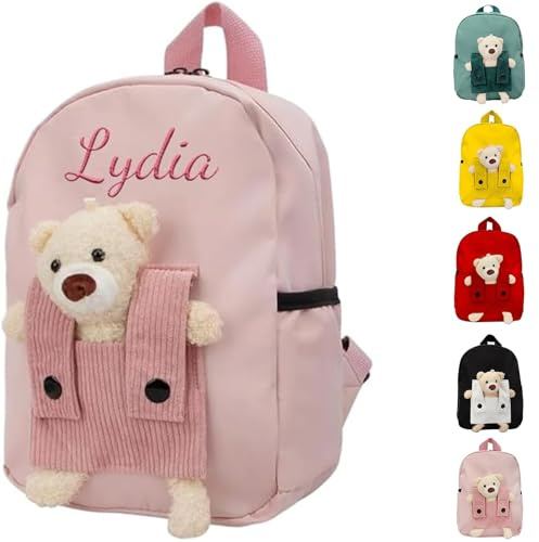 Generisch Kindergartenrucksack für Jungen und Mädchen, Personalisiert Rucksack Kinder mit Namen für Schule Kindergarten Hort und Krippe, Kita Kinderrucksack mit Herausnehmbarer Bärenpuppe (Rosa)