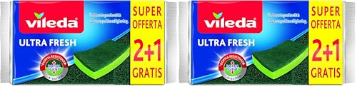 Vileda Ultra Fresh Spugna Abrasiva, Assorbente, Antigraffio, con Parte Fibrosa, Trattamento Antibatterico, Formato 2+1, Verde (Confezione da 2)