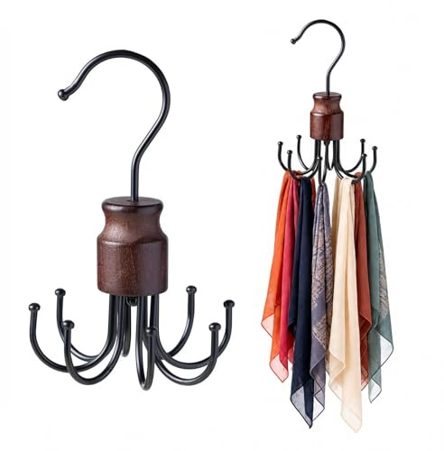 Nivofu 2 Piezas Organizador Cinturones y Corbatero de Madera Retro, Percha Cinturones con 8 Ganchos Giratorios 360 Grados, Colgador Multiusos para Armarios, Bufandas y Accesorios (14x11cm)