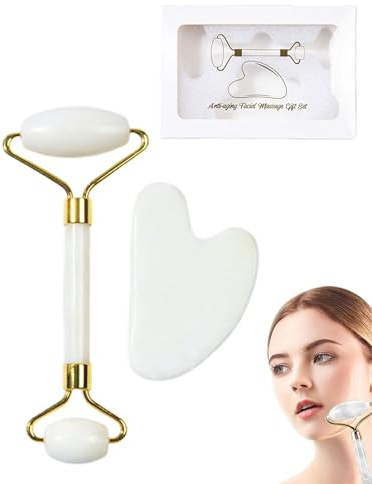 QYLNEX 2 Gua Sha y Rodillo, Guasha para el Masaje Facial,Masajeador Facial, Rodillo Facial, Rodillo de Jade Facial Masaje,Relajante de los Músculos del Cuello y del Cuerpo,Con caja de regalo,Blanco