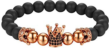 Flongo Energiearmband Kugelkette Lava Mala Herren Armband Damen Armreif Stein Kugel Perlen Armkette mit Krone Schwarz Rose Gold für Männer Frauen