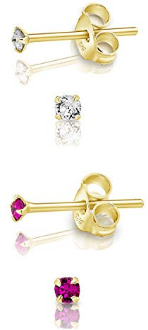 DTPsilver - 2 Paar WINZIGE Ohrringe 925 Sterling Silber Gelb Vergoldet mit Kristallen von Swarovski® Elements Runde KLEINE Ohrstecker - Durchmesser 2 mm - Farbe : klare Kristalle + Fuchsie