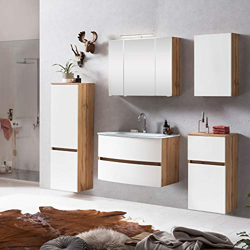 Lomadox Badmöbel Set inkl. Glasbecken weiß in Wotaneiche Nb. mit matt weiß, BxHxT: ca. 200x200x49 cm