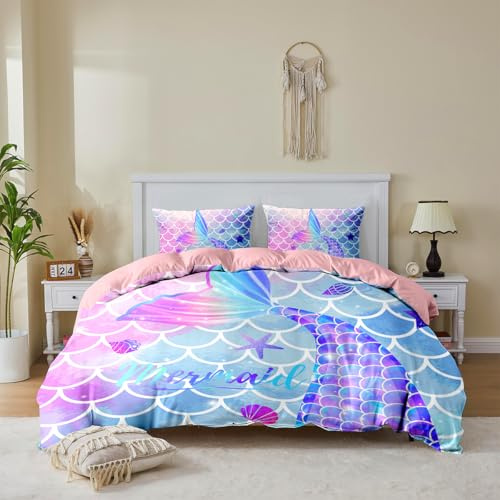 MUSOLEI Mermaid Bedding Set Girls Double Colorful 3D Mermaid Tail Blue Duvet Cover Sets Pink Lovely Quilt Cover Soft with Pillwocase (Duvet cover set, Double)