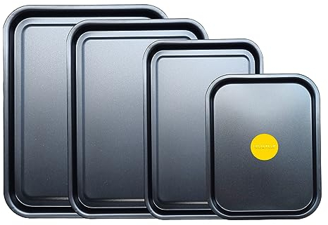 4-Pack - Baking Tray and Roasting Tray Set - 38cm, 35cm, 32cm, & 28cm Baking Tray Set Tray/Pan in Black, Non-Stick, Multi-Pack Set Oven Trays - Dishwasher Safe and Easy Clean. by KITCHENEUR®