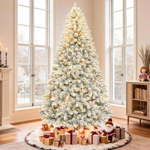 QLOFEI 180cm Albero di Natale Artificiale con Neve e 300 LED Bianco Caldo, Albero di Natale Innevato con 856 punte & Supporto in Metallo, Montaggio Rapido per Soggiorno Negozio e Ufficio
