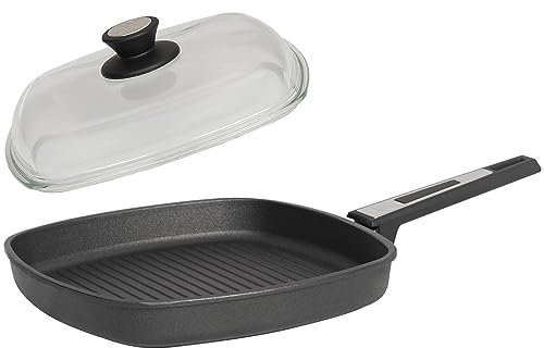 SKK gerillte Pfanne 26x26 cm - ohne Induktion - eckige beschichtete Aluguss Bratpfanne 2-tlg. flacher Rand & Vollglas Deckel - Made in Germany