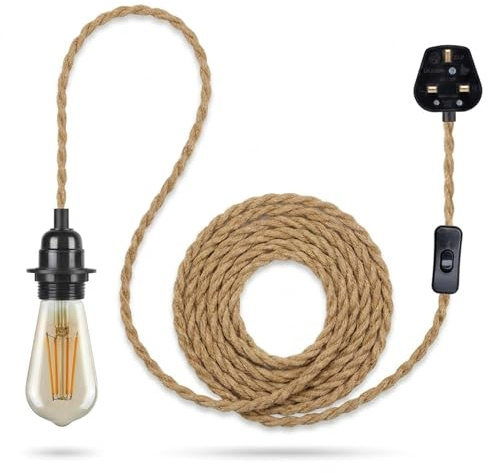 Hemp Rope Lights Plug in Pendant Lighting, 4.5m Hemp Twisted Braided Wire | Pendant Light Fitting with Plug E27 Hanging Pendant Lamp Holder UK Plug (Bulb Included)