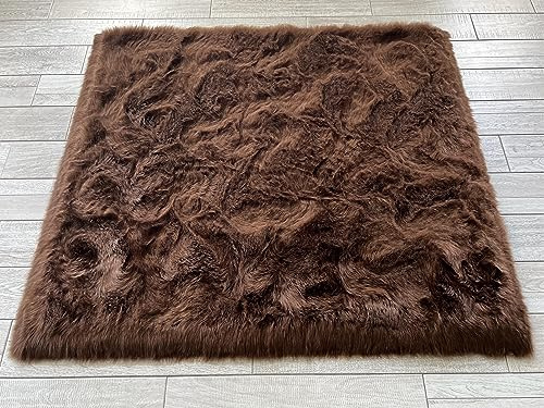 LAMBZY Super Soft Fluffy Faux Fur Sheepskin Rug for Bedroom Floor Sofa Living Room High-Density Plush Shaggy Carpet Sofa Cover Bedside Square Rug (4', Brown)