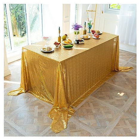 KnSam Tischdecken, Pailletten Tischtuch Polyester Runde Tischdecke Hochzeit Pflegeleicht für Wohnzimmer, Esszimmer, Balkon, Garten, 230x400CM, Golden Gelb