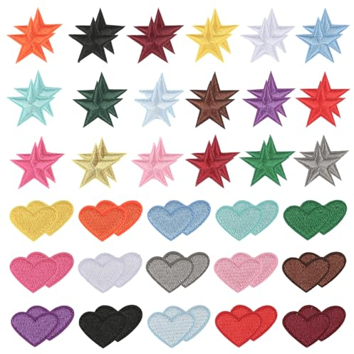 66 Stück Herz Aufnäher zum Aufbügeln, Stern Bügelflicken, DIY Aufbügler, bestickte Aufnäher zum Aufbügeln, bunt Patches mit Schmelzkleber für T-Shirts, Jeans, Röcke, Hüte, Kleidung, Reparaturen