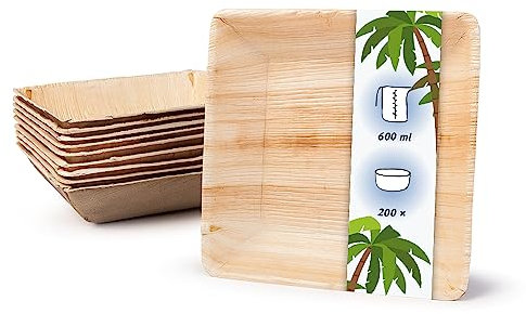 onlyleaf Palmware Vajillas desechables ecológicas hechas de hojas de palma I 200 piezas oja de palma tazón cuadrada 600ml 17cm I ensaladera - tazón de sopa - tazón de servir - tazón de aperitivos