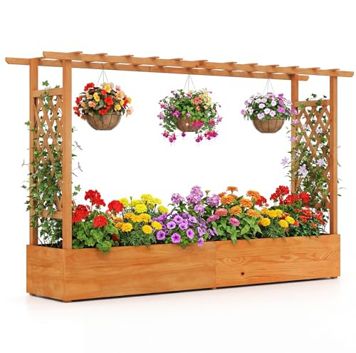 Giantex Raised Garden Bed with Trellis & Hanging Roof, Wood Planter Box with Bottom and Drainage Holes, Freestanding Garden Planter for Flower Vegetable Fruit Herb Climbing Vines (79 x 17.5 x 45)