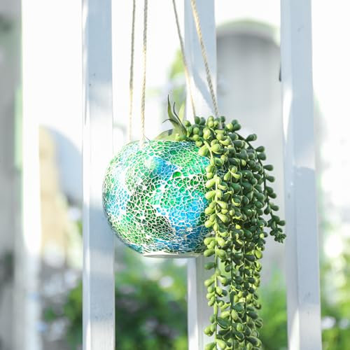 Chonsun Hanging Planter Mosaic Garden Pot Small Flower Pot for Indoor Plant Disco Ball Hanging Planter with Drainage Green
