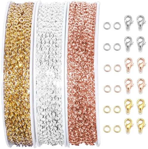 HZAOPZE 3 pcs 33 Füße Gliederkette Meterware, Ketten Basteln Gliederkette Edelstahl Kabel Kettenset mit 30 Karabinerverschluss und 150 Sprung Ringe, für DIY Halskette Basteln, ORO Plata y ORO rosa