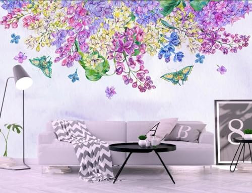 Fototapete Blumen 3D Tapeten 3D Effekt Wohnzimmer Schlafzimmer Vliestapete Einfache Handgemalte Lila Blume Schmetterling Natur Grau Graffiti Steinoptik Kinder Tapeten