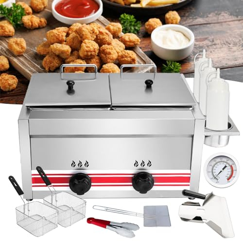 json2xml pneumatic Deep Fat Fryer-Stainless Steel Fryer-Countertop Deep Fryer-2 pots with 2 independent control knobs-Adjustable firepower,with 10pcs accessories,Split design - easy to clean