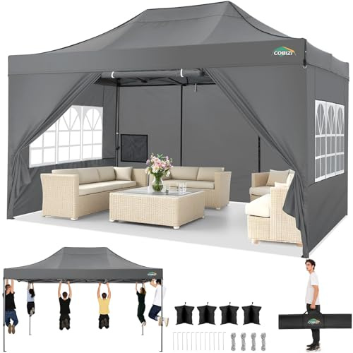 COBIZI Tenda a baldacchino pop-up 10 x 15 resistente con 4 pareti laterali, UPF 50+, impermeabile, per uso commerciale, all'aperto, feste di nozze, baldacchino con borsa, grigio