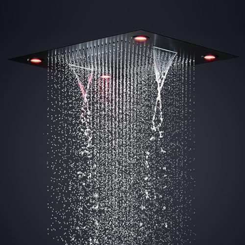 PINCHU Soffione Doccia LED 60x80cm Soffione Doccia a Cascata E a Tenda d'Acqua Soffione Doccia Grande Montato a Soffitto Combinato con Telecomando, Nero Opaco