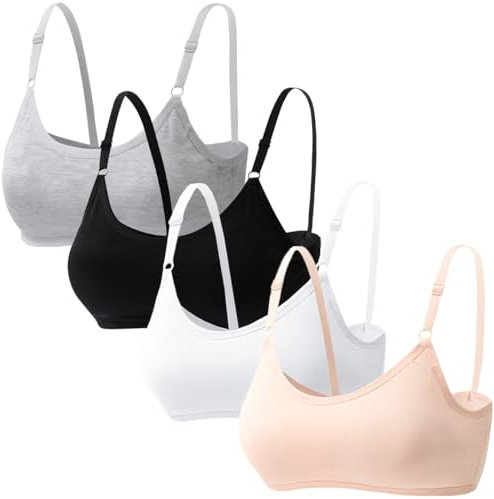 4 Pack Girls Sports Bra Underwear with Fixed Chest Pads and Adjustable Shoulder Straps,Training Vest for Children Aged 10-18