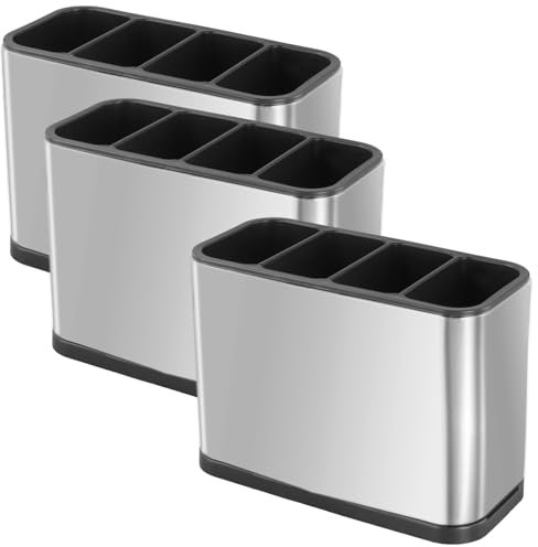 KEILEOHO 3 Stück Besteckhalter Edelstahl 4 Fächer, Metall Besteckbehälter Abtropfbehälter, Besteck Halter Besteckkorb für Küche, Tisch, 18 x 8,7 x 13 cm, Silber