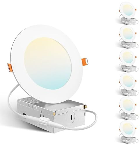 Amico 6 Pack 4 Inch 5CCT Ultra-Thin LED Recessed Dimmable Ceiling Light with Junction Box, 2700K/3000K/3500K/4000K/5000K Selectable, 10W Eqv 60W, 800 Lumens, High Brightness Downlight - ETL&FCC