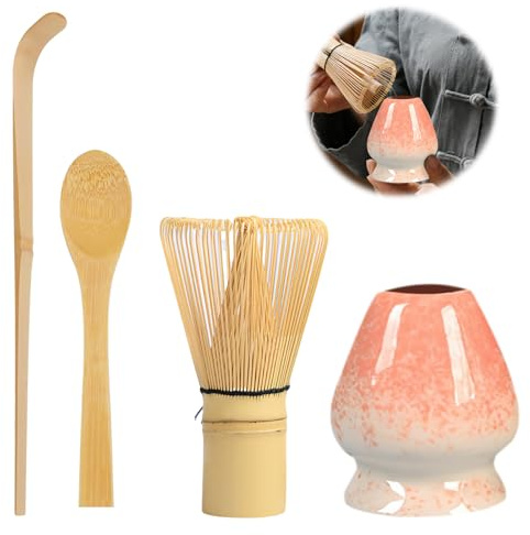 Lot de 4 fouets à matcha avec 2 cuillères à matcha, support pour la cérémonie du thé japonaise traditionnelle (WIYETY) en bambou, rose