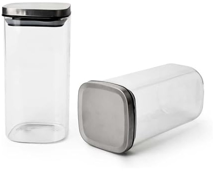 Wintem Set 2 Barattoli in Vetro Borosilicato 1,2L 10x15,5x10cm - Coperchio in Acciaio Inox e Chiusura Ermetica in Silicone - Ideali per Conservare Alimenti Secchi e Liquidi - Lavabili in Lavastoviglie