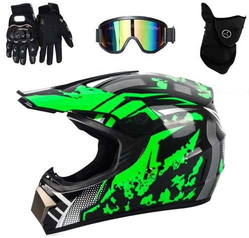 Kids Motorbike Motocross Helmet,Full Face MTB Helmet With Goggles Mask Gloves,Quad Bike Youth Kid Full-Face Off Road Motorcycle Crash Helmet(Green,XL(58~59cm))